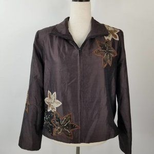 Anage Brown Cream Floral Embellished Silk Vintage Zip Up Lined Jacket Medium